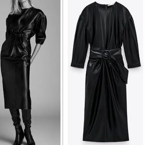 ✨ZARA | Black Faux Leather Belted Midi Dress 🖤✨
